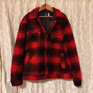 Original Use Men's Red & Black Buffalo Plaid Sherpa Fleece Shacket Jacket